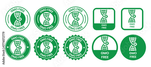 Gmo free icon vector seal green stamp graphic for food product label sticker, idea of organic natural healthy eco meal badge emblem, genetically non modified certified symbol clipart.