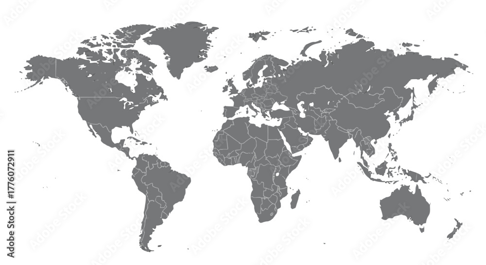 Naklejka premium Detailed world map displaying countries in a neutral gray color on a white canvas.