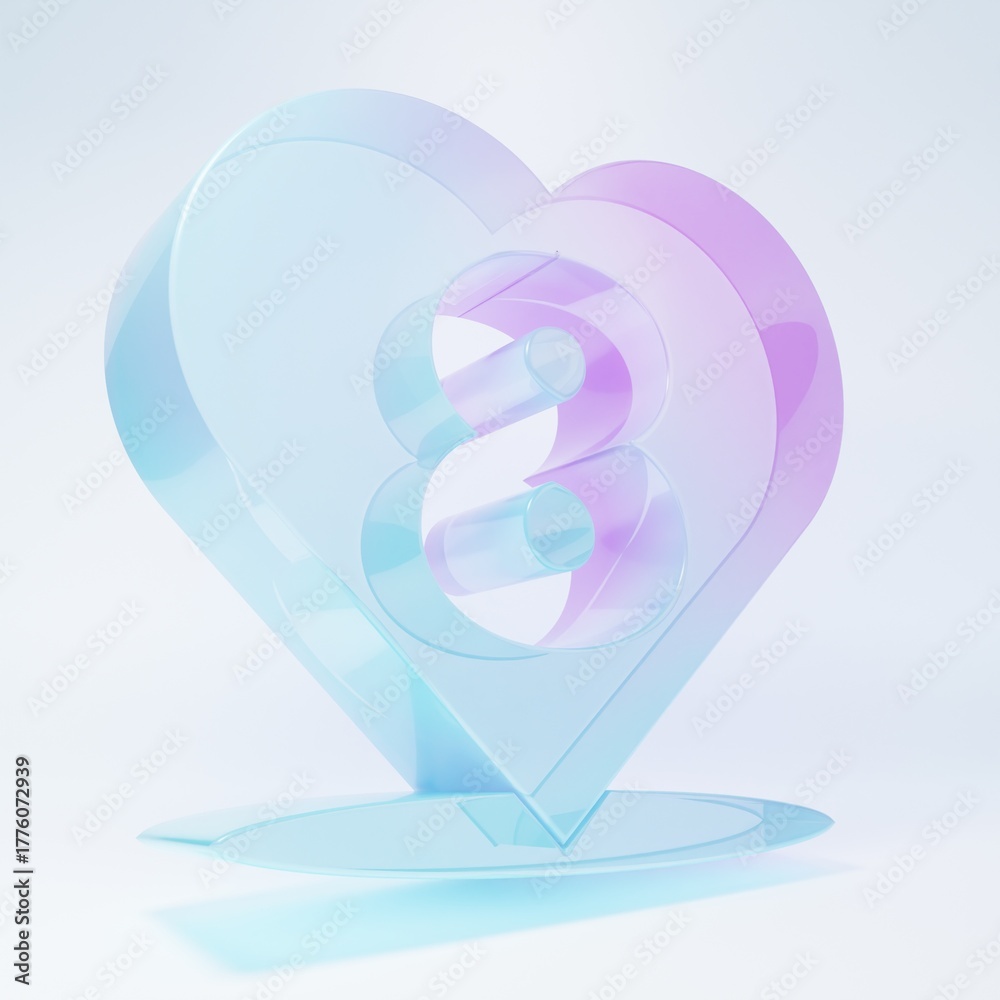 Obraz premium Frosted glass Heart with 8 March icon isolated on white background. Romantic symbol linked, join, passion and wedding. Happy Women Day. Minimalism concept. 3D render illustration