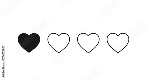 Four hearts in a row, one filled in with black, representing a rating system or level of.
