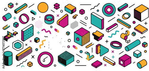 Memphis Design Geometric Shapes Collection, retro vintage trendy elements with halftone patterns for advertisement, commercial banner, poster, leaflet, and billboard design