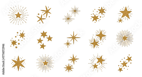 Collection of starburst elements in golden color, perfect for adding a touch of magic to your.