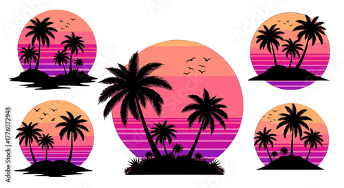 Silhouettes of palm trees on islands with a colorful sunset create a tropical paradise scene.