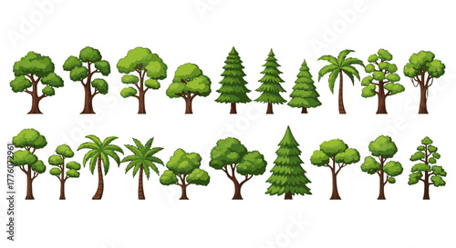 Set of different cartoon trees, including deciduous and coniferous varieties, for forest or park.