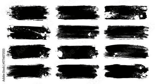 Twelve black brush strokes with rough edges are arranged in a rectangular grid formation on a white.
