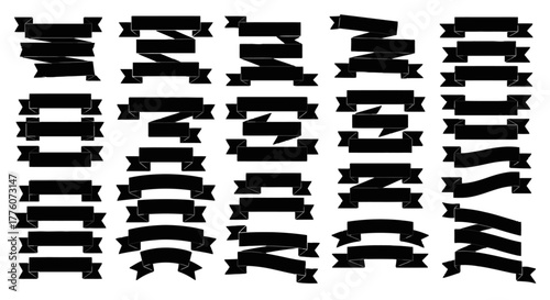 Collection of twenty four different black ribbon banner shapes on a white plain surface.