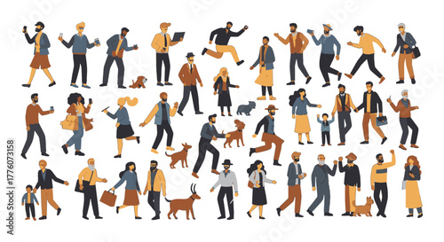 Diverse group of people in various poses and activities are depicted in a flat style on a white.