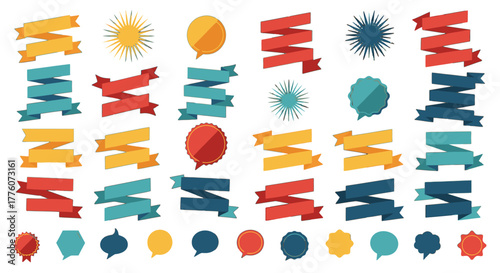 A set of colorful ribbon banners and speech bubbles provides versatile graphic elements for various.