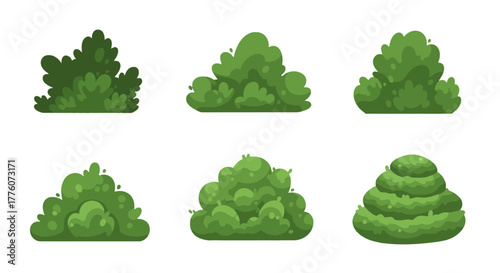 Cartoon garden bushes of various shapes are presented against a plain white setting.