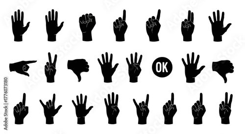 Collection of hand gestures in black silhouette showing different actions and communication signals.