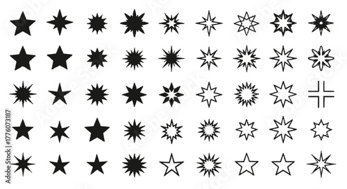 Collection of star shapes in various styles are arranged in rows and columns on a white surface.