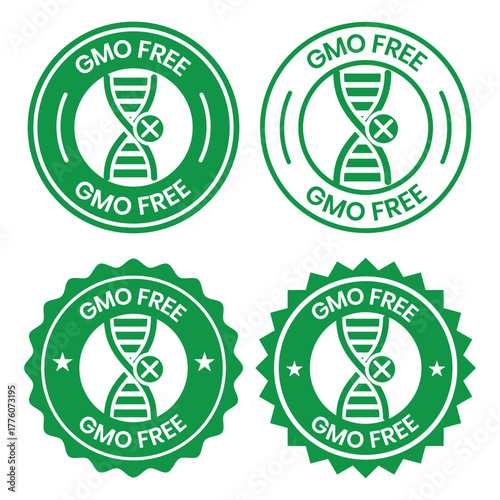 Gmo free icon vector seal green stamp graphic for food product label sticker, idea of organic natural healthy eco meal badge emblem, genetically non modified certified symbol clipart.