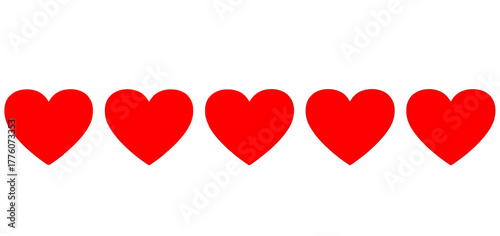 Five red hearts are arranged in a horizontal row on a white surface, conveying love and affection.