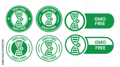 Gmo free icon vector seal green stamp graphic for food product label sticker, idea of organic natural healthy eco meal badge emblem, genetically non modified certified symbol clipart.