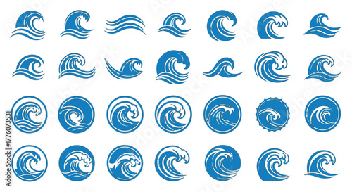 Set of stylized waves in different shapes and forms, ideal for nautical themes or water related.