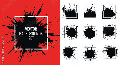 A set of black ink blots and splashes inside square frames on a red and white backdrop, perfect for.