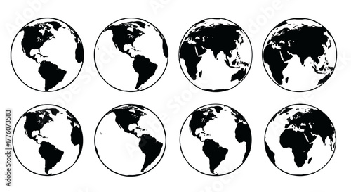 A collection of globe representations showing different continents and perspectives in a.