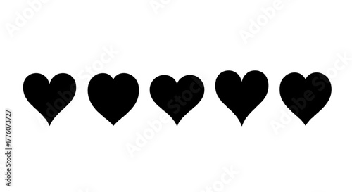 Five black heart shapes are aligned horizontally on a, symbolizing love and affection.