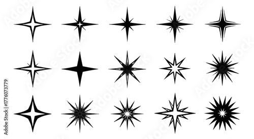 Collection of fifteen different star shapes in black and white for decorative purposes.