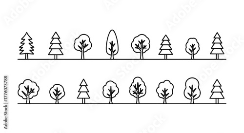 A simple line art shows a variety of trees in a forest setting, creating a minimalist nature scene.