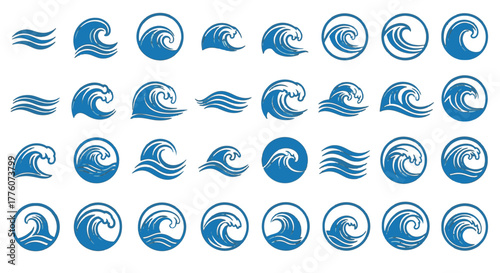 Collection of stylized ocean waves in various shapes and forms, suitable for nautical or marine.