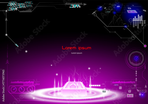 Futuristic AI technology interface background with glowing holographic circuits, neon purple and blue tones, digital data visualization, and modern sci-fi elements.  artificial intelligence concepts.
