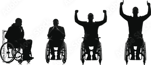 Black silhouette of four wheelchair users in expressive poses, vector illustration for empowerment, inclusion, and emotional diversity concept