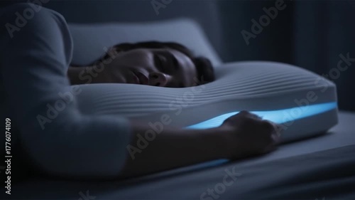 Woman Reaching for Glowing Pillow in Dark Bedroom, Promoting Sleep Comfort