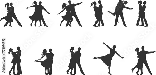 Black silhouette of ten dancing couples in various poses, vector illustration for ballroom, celebration, and expressive movement concept