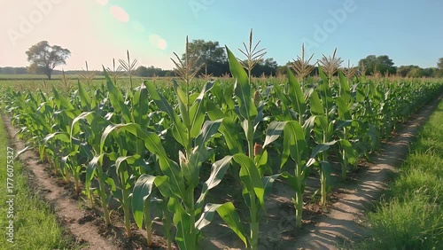 scene on a warm sunny day showing tall green vegetation cultivated in orderly