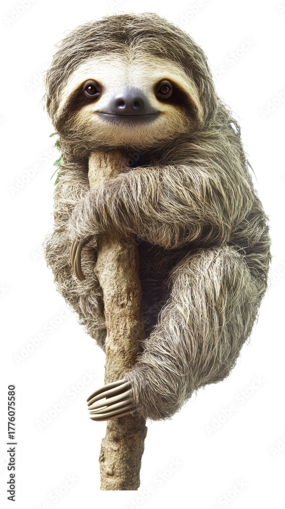Naklejka premium Sloth clinging to tree in curled posture