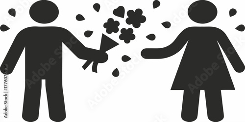 Romantic gesture of love: Man presenting bouquet to woman, ideal for Valentine's Day, anniversaries, or expressing affection with simple elegance