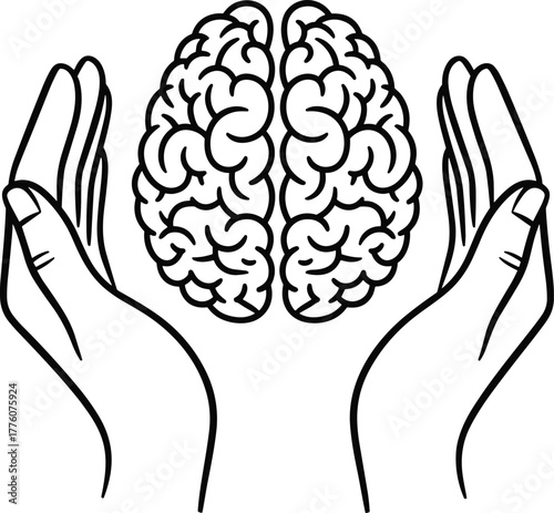 Brain cradled by hands illustration, black-and-white vector design for mental health, intellectual care, and cognitive protection concept
