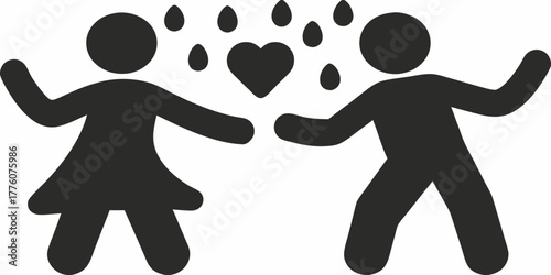 Joyful couple expressing love and happiness under a rain of hearts, celebrating romance and connection in a simple, modern style, perfect for greeting cards