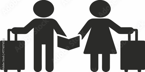 Couple ready for a vacation adventure, planning with a travel guide and luggage, symbolizing wanderlust and shared experiences, perfect for travel industry ads