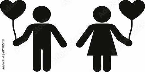Romantic stick figure couple holding heart balloons, celebrating love and affection for Valentine's Day, perfect for wedding invitations and anniversary cards