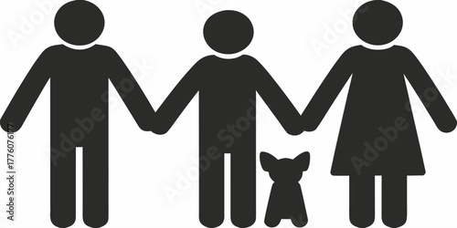 Heartwarming stick figure family illustration holding hands with their cute dog, showcasing unity, love, and family values in a simple, modern style