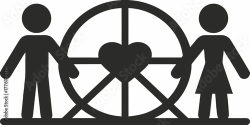 Symbol of love and partnership as a couple stands together framing a heart inside a wheel, ideal for wedding, anniversary, or relationship graphics