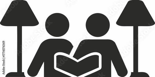 Cozy reading time together: Two people sharing a book under warm lamps, perfect for promoting literacy, education, and intimate moments of connection