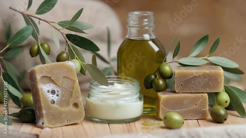 Spa Atmosphere Composition with Handcrafted Olive Oil Soap  Moisturizing Lotion  and Fresh Olive Branches Promoting Natural