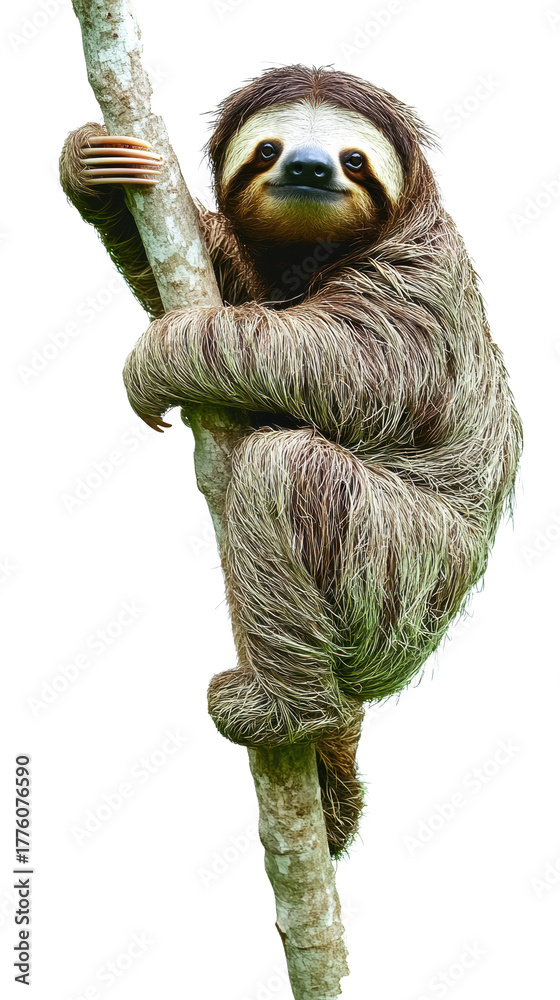 Fototapeta premium Sloth hugging tree trunk in vertical pose