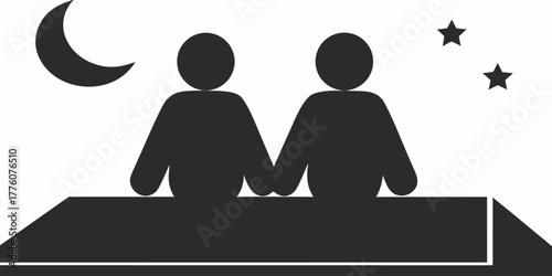 Romantic getaway under the stars, couple enjoying a peaceful night, togetherness and love, iconic vector design for invitations and travel campaigns