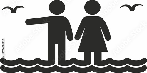 Couple enjoying a romantic beach walk hand in hand, vector silhouette perfect for travel brochures, coastal getaways, simple beach scene with birds flying above