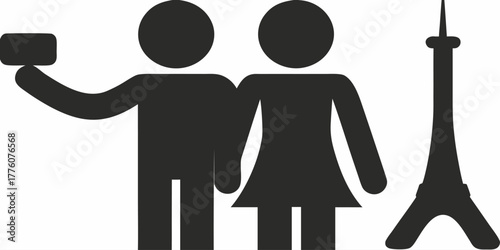 Romantic Paris getaway! Couple taking a selfie with the Eiffel Tower, celebrating love and travel. Perfect for tourism, anniversaries, or destination weddings