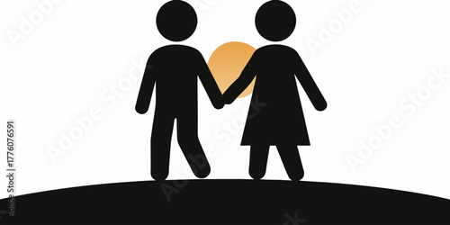 Iconic couple holding hands walking toward the sunset together, a symbol of love and commitment, ideal for relationship and family themes, originally vector art
