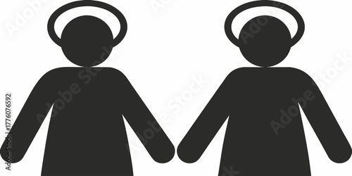Angelic duo graphic, simple figures with halos holding hands, symbolizing togetherness, faith, and spiritual connection in a modern design, originally a vector