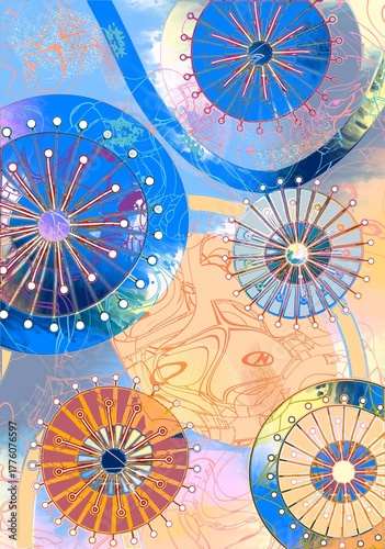 A pattern of circles with different colors and sizes, some with white dots around the perimeter.