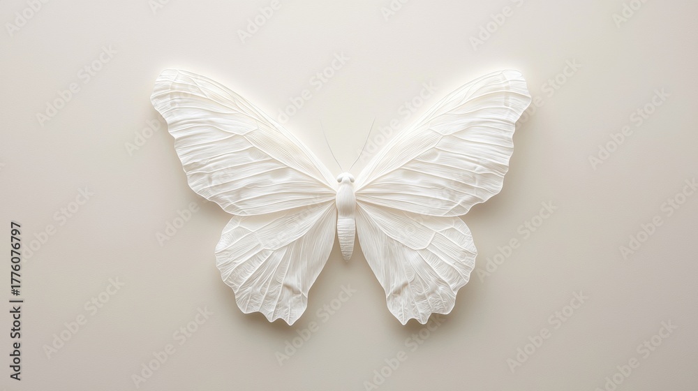 Obraz premium A white butterfly with long antennae and a short proboscis rests on a light beige background.
