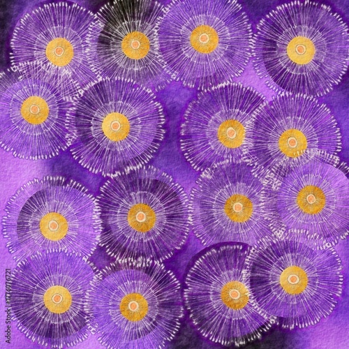 A pattern of circles with different colors and sizes, some with white dots around the perimeter.