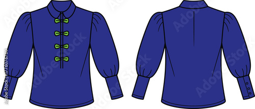 Blue blouse, puff sleeve, mandarin collar, green bow fasteners, fashion illustration, garment design, front back view, clothing template, apparel mockup